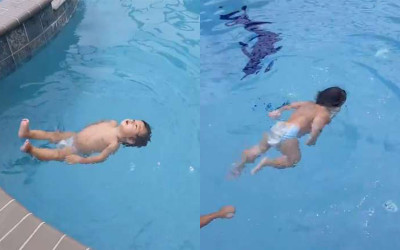 1歲寶寶跳進泳池秒變「水中蛟龍」華麗翻滾，接著「3歲姊姊也加入」網友讚翻