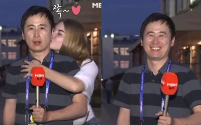 南韓男記者轉播世足被「兩名正妹親親偷襲」，本想淡定處理沒想到下一秒...網虧你的臉出賣你了